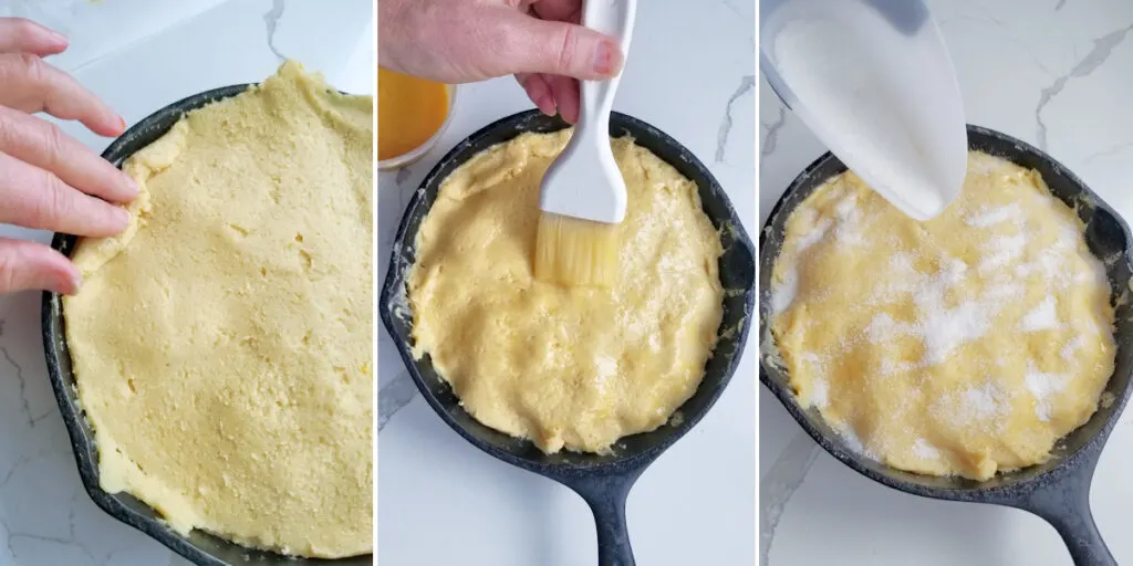 three photos showing how to finish the top of an irish apple cake.