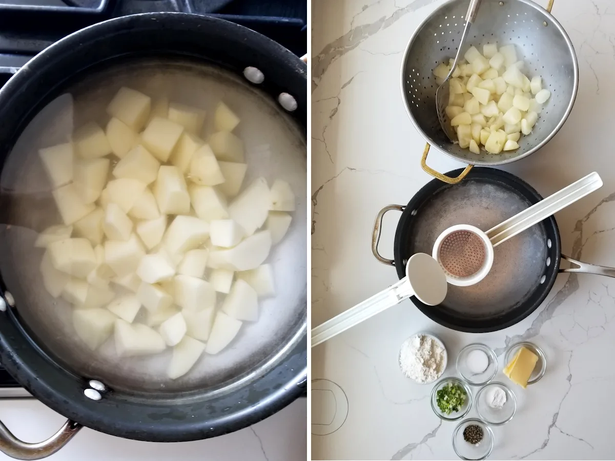 Image one shows chopped potatoes and water in a pot. Image 2 shows all th ingredients for potato farls assembled on a white countertop.