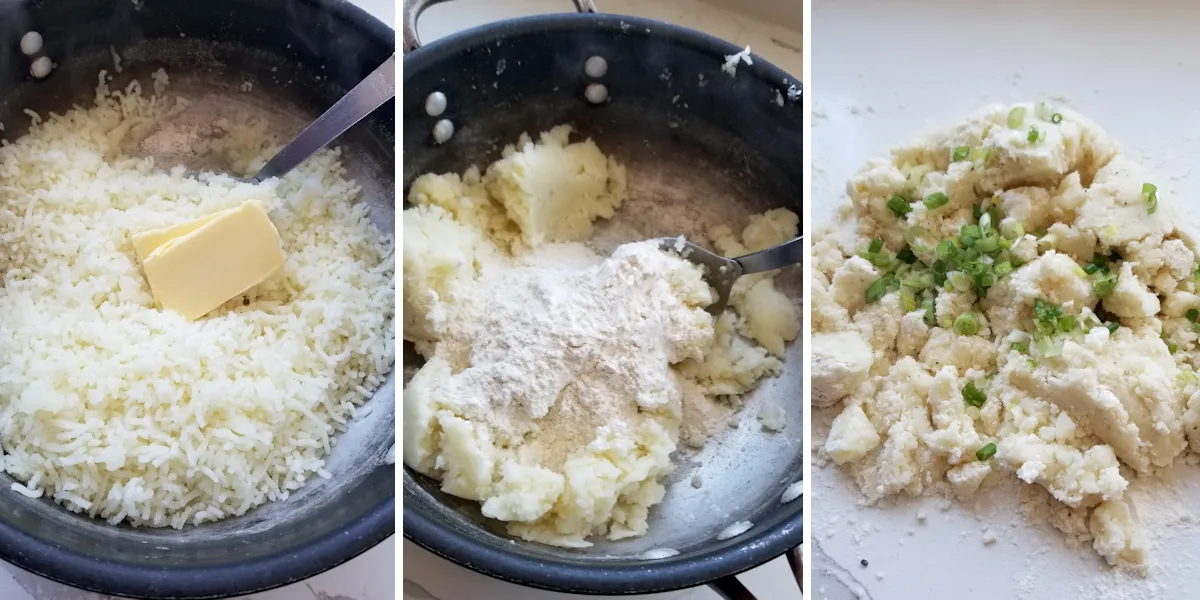 Photo 1 shows riced potatoes in a pot with butter. Photo 2 shows flour being added to the potatoes. Photo 3 shows the shaggy dough on a work surface ready for kneading.