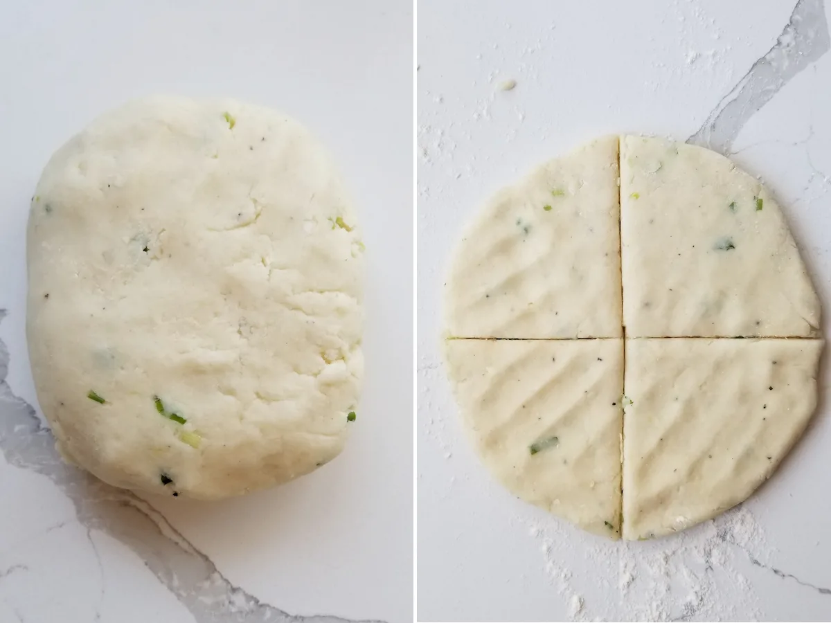 Photo 1 shows a ball of potato farl dough on a white surface. Photo 2 shows the dough patted to an 8" round and cut into 4 pieces.
