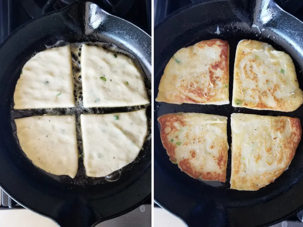 Photo 1 shows uncooked potato farls frying in butter in a pan. Photo two shows golden brown potato farls in a pan.