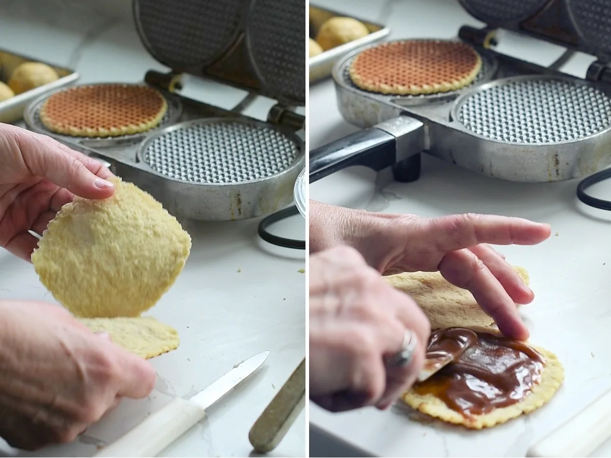 first photos shows a hand splitting open a waffle. Second photo shows spreading stroop filling into a waffle.