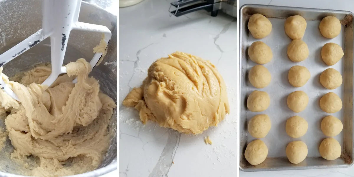 photo one shows cookie batter in a mixing bowl. Photo 2 shows the cookie batter formed into a ball on the countertop. Photo three shows balls of cookie dough on a baking sheet.