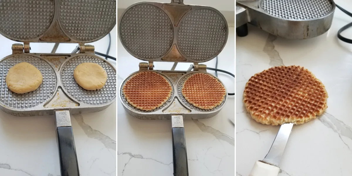 photo one shows two pieces of dough on a waffle iron. photo two show two cooked waffles in the iron. Photo three shows a knife splitting a waffle cookie in half.
