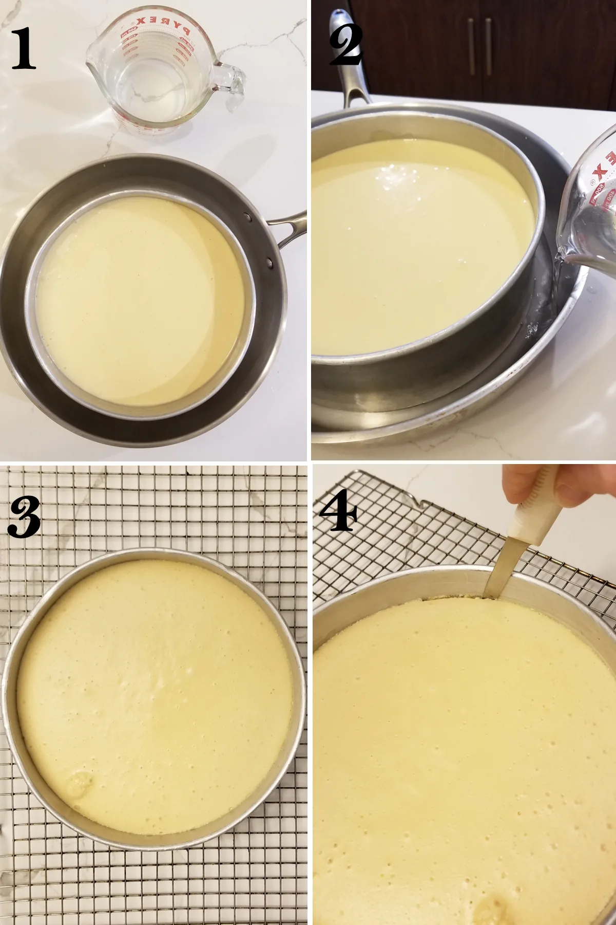 1. A cheesecake pan in a larger pan. 2. Pouring water into larger pan. 3. Cheesecake on a cooling rack. 4. A knife scraping between cheesecake and pan.