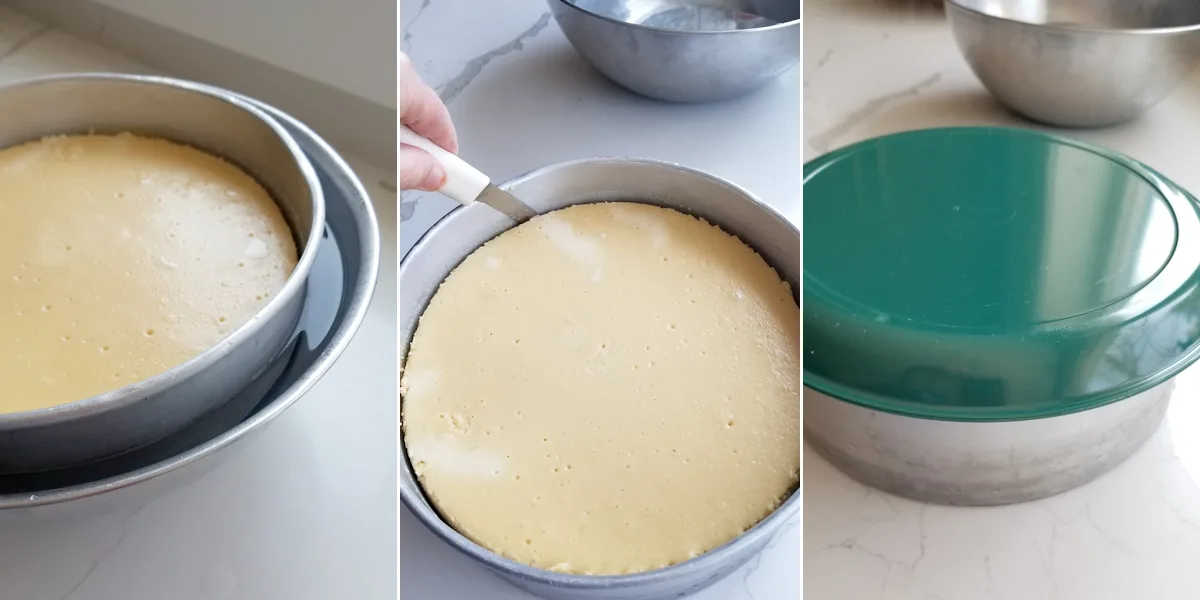 A pan of cold cheesecake dipped in hot water. A knife scraping between cheesecake and pan. A plate on a cheesecake pan.