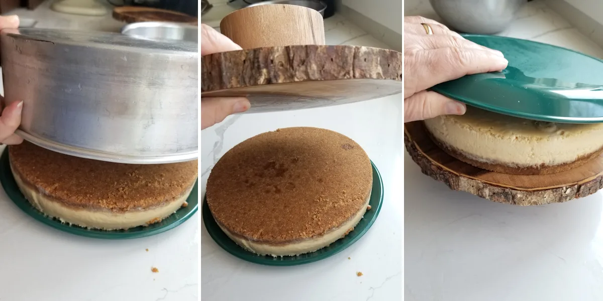Flipped cheesecake coming out of pan and flipping onto serving platter.