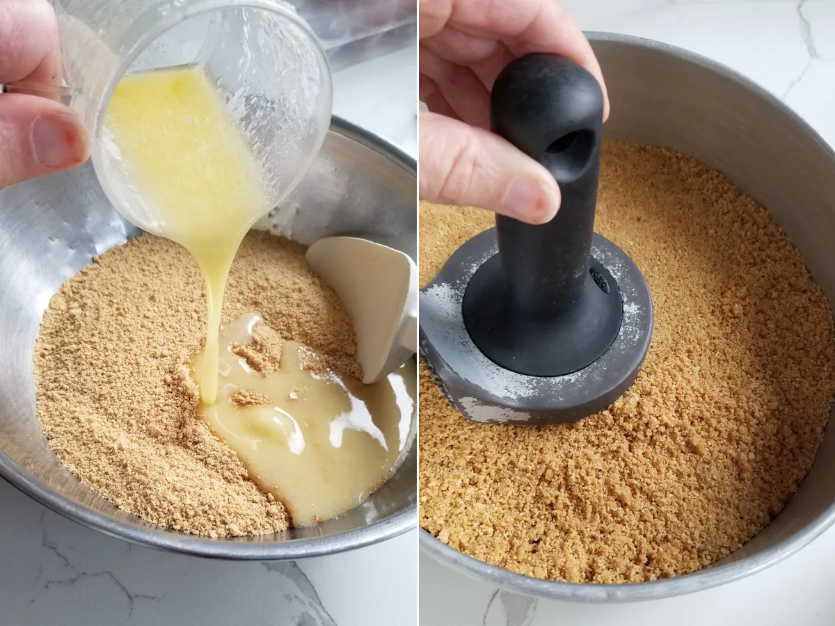 Photo 1 shows a bowl of graham cracker crumbs and butter added. Photo 2 shows tamping graham cracker crumbs into a cake pan.