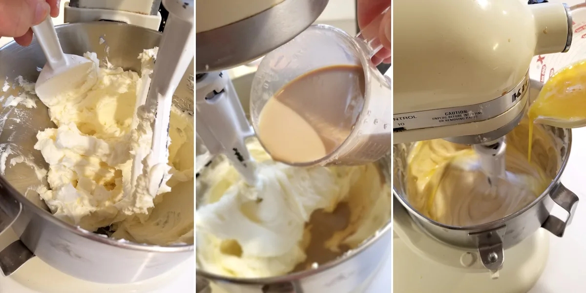 Showing three stages of mixing cheesecake batter. 