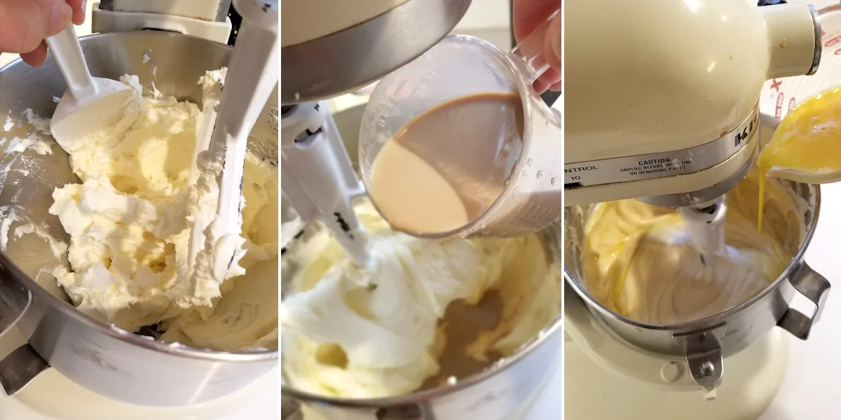 Showing three stages of mixing cheesecake batter.