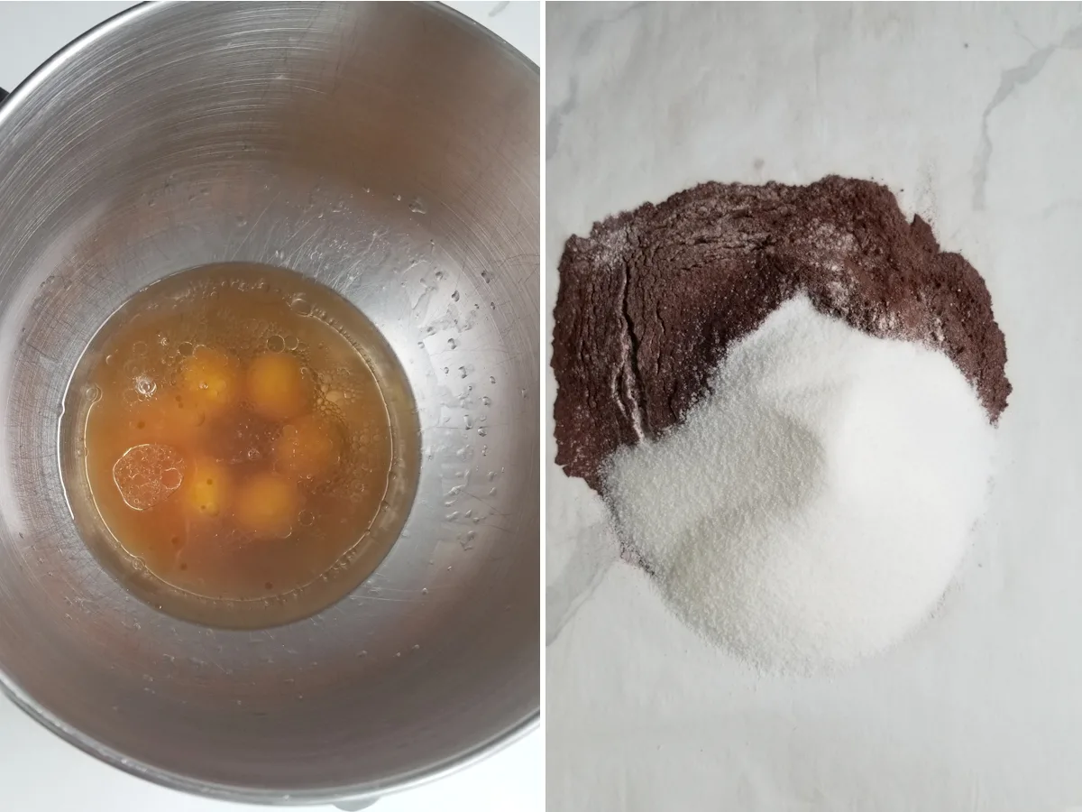 a mixing bowl with eggs and a pile of sifted flour cocoa and sugar on parchment paper