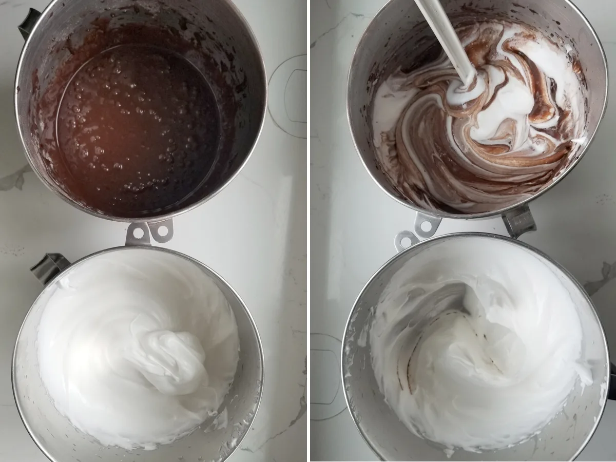 a bowl of chocolate cake batter and a bowl of whipped egg whites. Folding egg whites into cake batter.