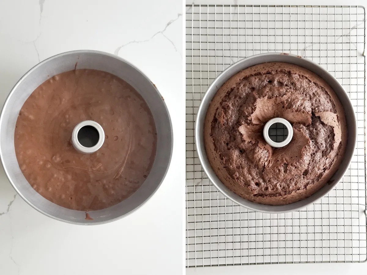 a chocolate chiffon cake before and after baking.