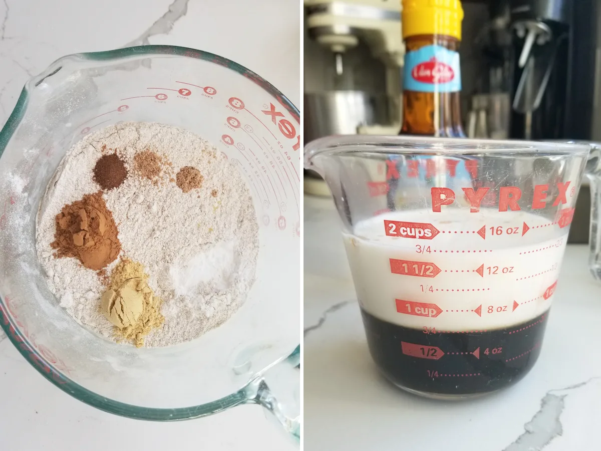 Photo 1 show the dry ingredients in a glass mixing bowl. Photo two shows the wet ingredients in a glass measuring cup.