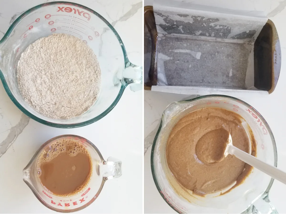 phote one shows two bowls with dry and wet ingredients. Photo 2 shows a bowl of cake batter and a prepared pan.