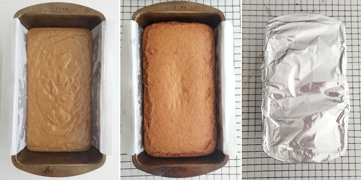 photo one shows cake batter in a pan. Photo two shows a baked cake in a pan. Photo 3 shows the pan covered with foil.