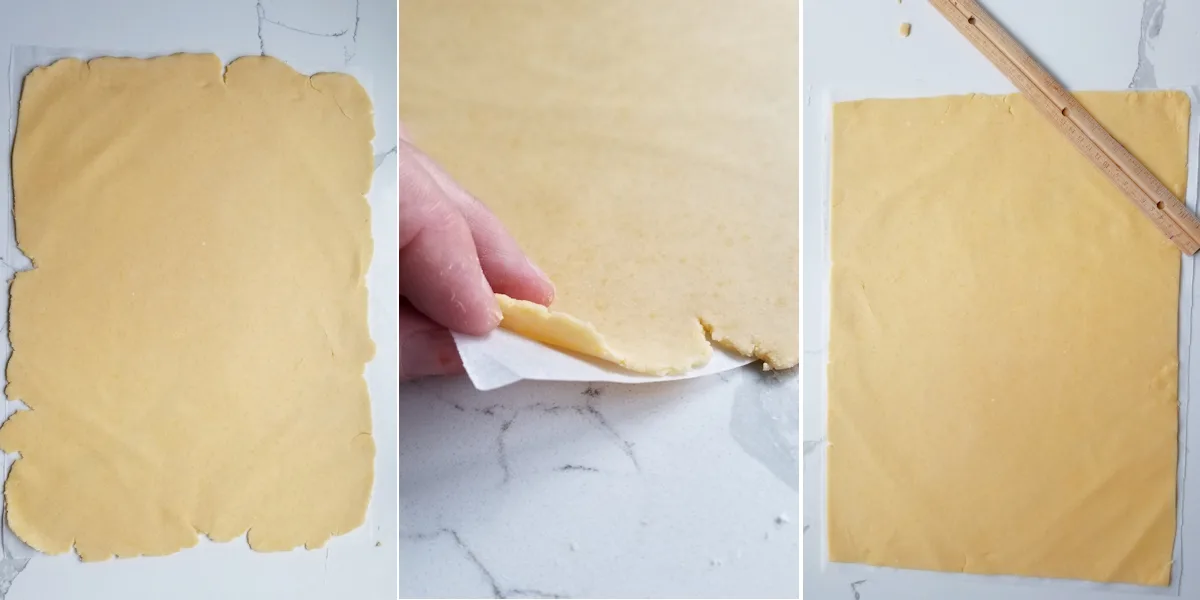 1. Dough to 1/8" thick on parchment paper. 2. Photo showing very thinly rolled dough. 3. Dough with edges trimmed. 