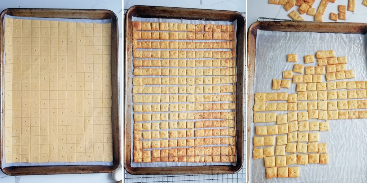 1. Cheese cracker dough cut into 1" squares on a sheet pan. 2. Baked crackers on a sheet pan. 3. Some crackers on a sheet pan.