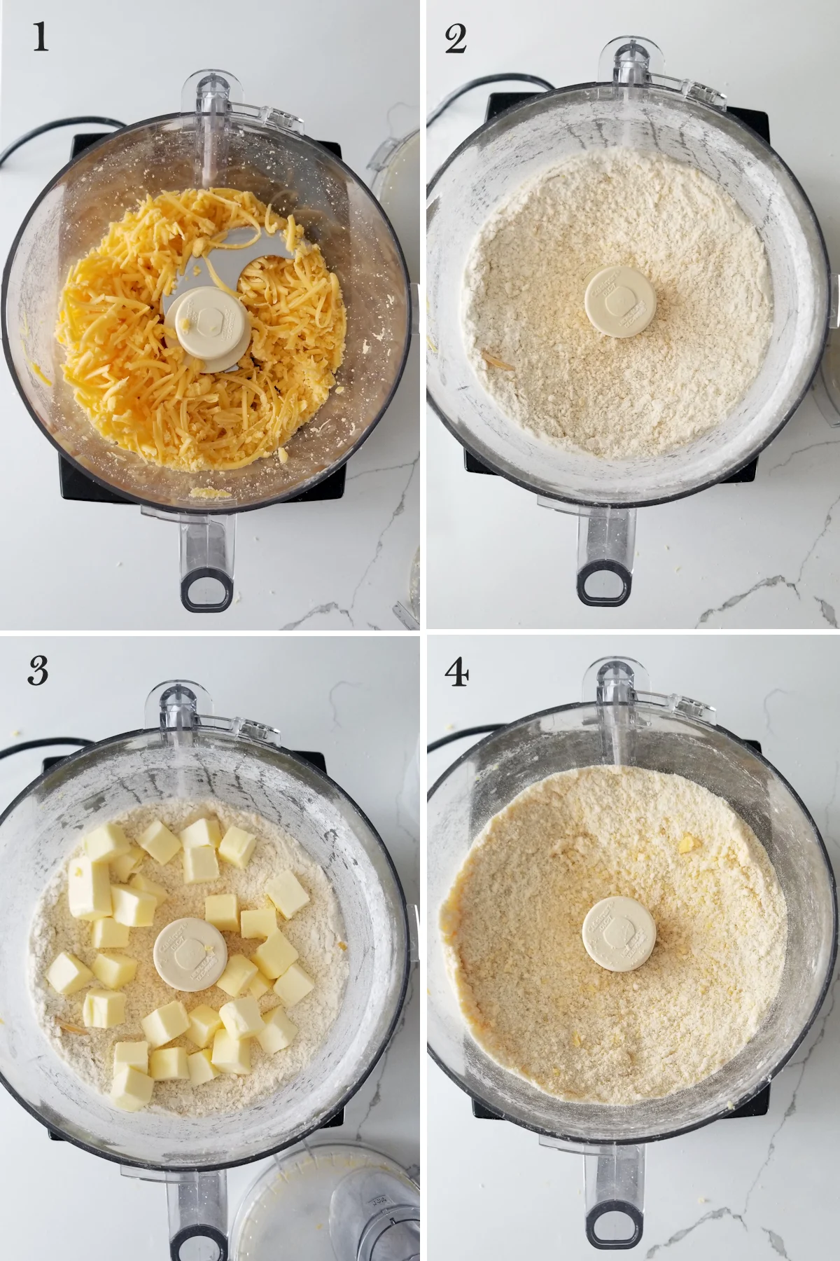 1. Shredded cheese in a food processor. 2. Flour added to the cheese. 3. Cubes of butter with flour mixture in food processor. 4. Butter mixed into flour.