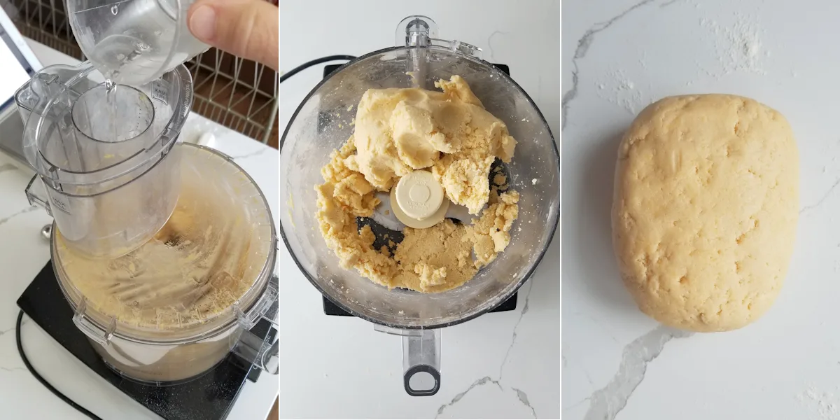 1. Adding water to cracker dough. 2. Dough ball in a food processor. 3. Ball of cheese cracker dough.