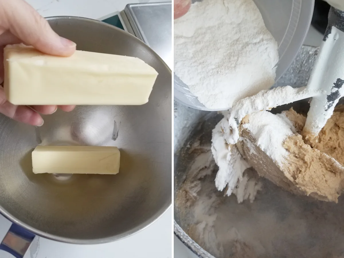 Photo one shows 2 sticks of butter in a mixing bowl. Photo 2 shows adding sourdough powder to cookie dough.