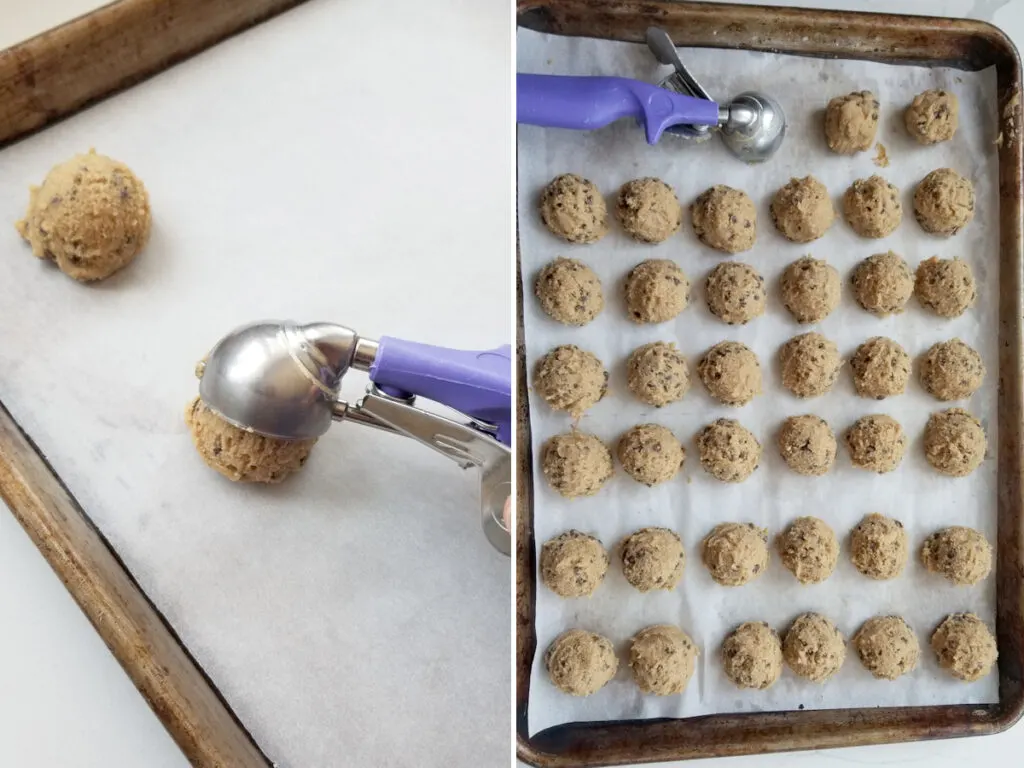 Photo 1 shows a cookie scoop filled with dough. Photo 2 shows a trays of cookie dough balls.