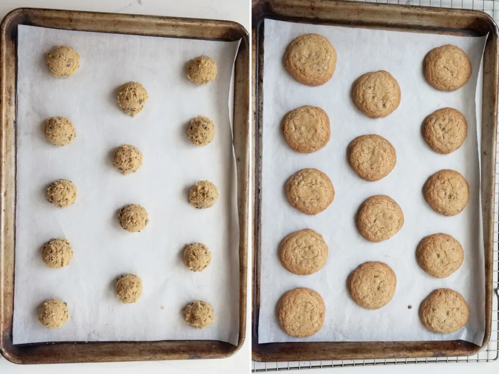 sourdough chocolate chip cookies before and after baking.