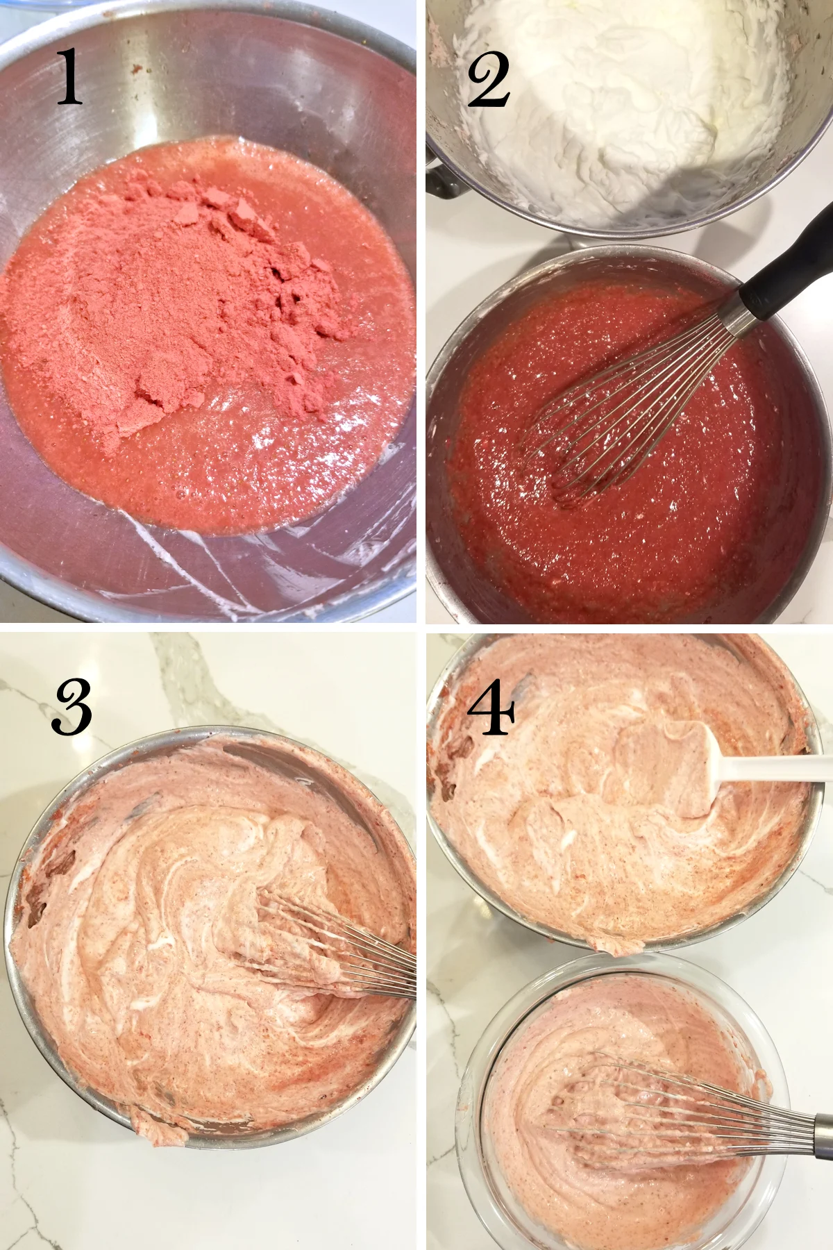 1. Strawberry puree with strawberry powder in a bowl. 2. A bowl of strawberry puree and a bowl of whipped cream. 3. A bowl of strawberry mousse. 4. A bowl of mousse and a bowl of gelatin.