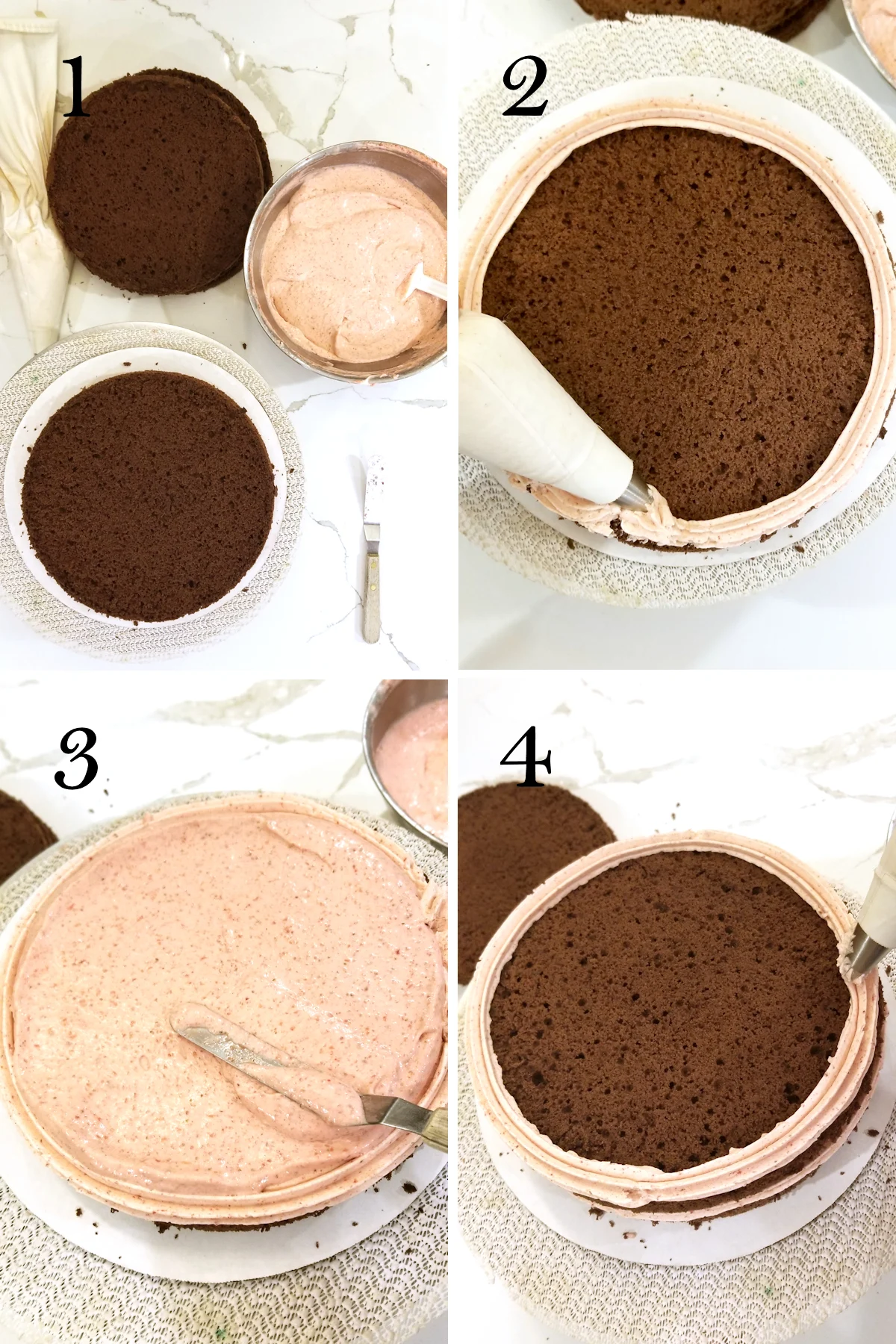 1. Cake layers and a bowl of mousse on a white surface. 2. A piping bag piping buttercream dam on a cake. 3. Spreading mousse onto a cake. 4. Adding another layer to the cake.