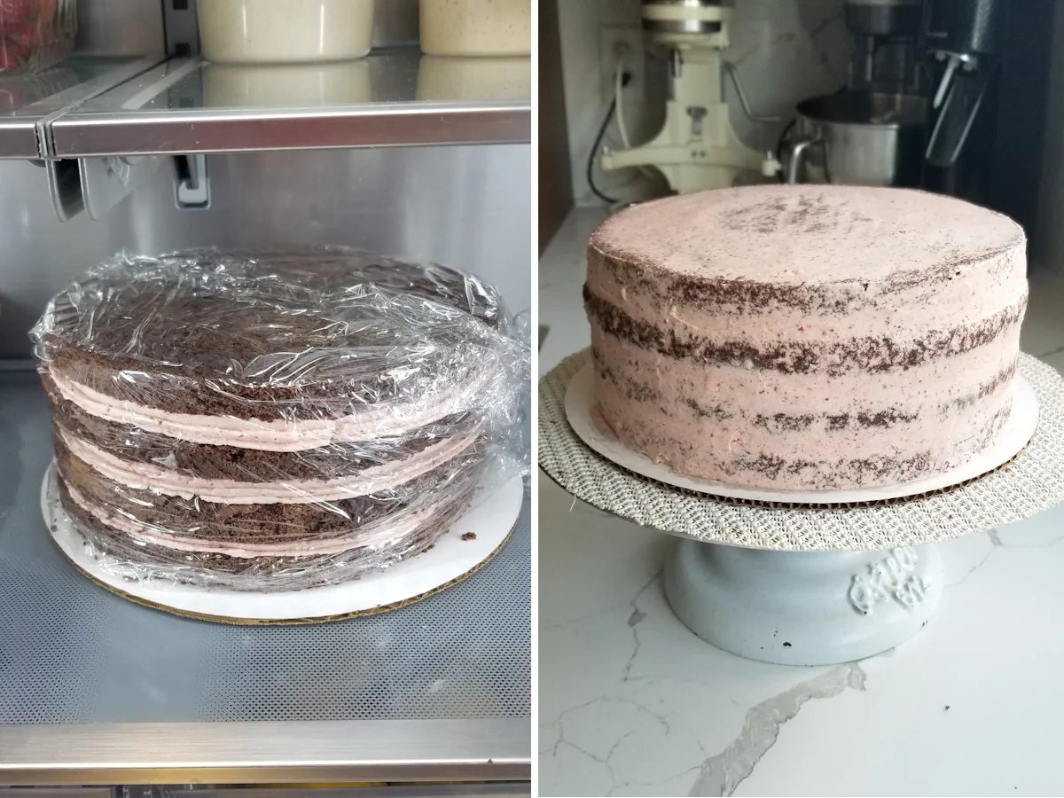 1. A cake wrapped in plastic in a refrigerator. 2. A cake with a crumb coating of pink buttercream.