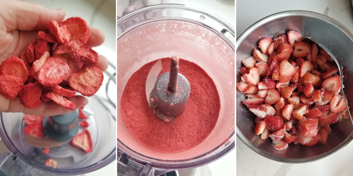 Photo 1 shows a handful of freeze dried strawberries. Photo 2 shows strawberry powder in a food processor. Photo 3 shows fresh strawberries coated with sugar in a bowl.