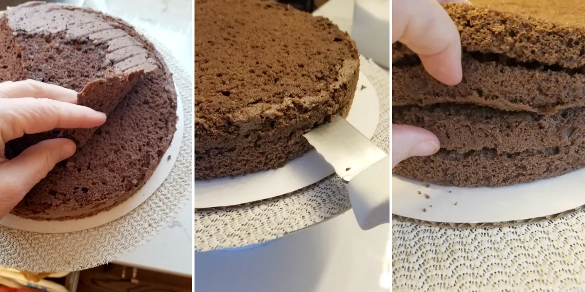 A chocolate cake with the top trimmed and split into layers.
