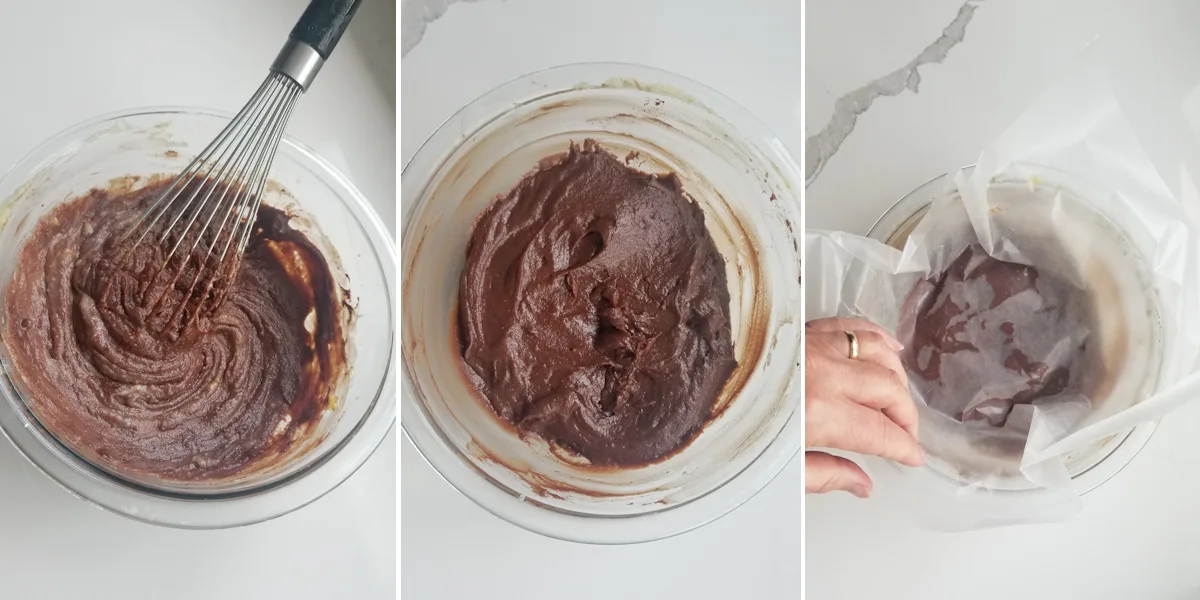 1. Mixing chocolate into warm custard. 2. A bowl of chocolate pastry cream. 3. A bowl of pastry cream covered with wax paper. 