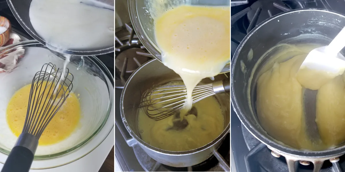 1. Hot milk pouring into a bowl of eggs. 2. Pouring eggs and milk into a saucepan. 3. A pot of thickened custard.