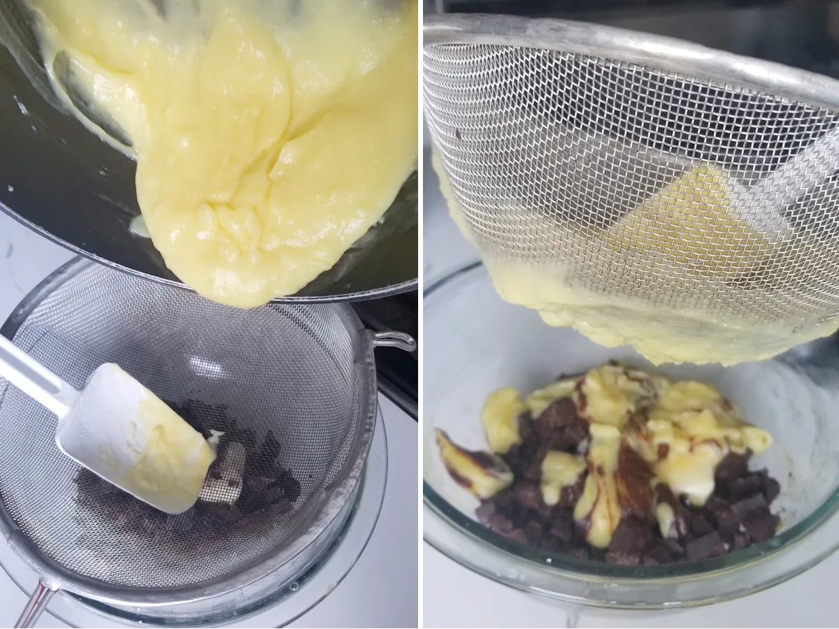 1. Pouring hot custard into a sieve. 2. A bowl of chocolate with warm custard and an empty sieve.