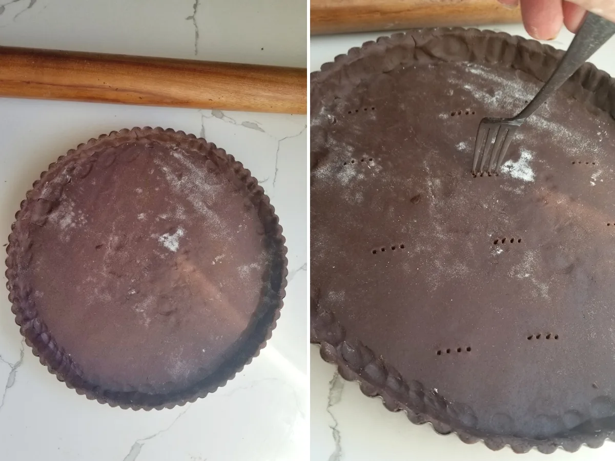1. A tart pan lined with chocolate dough. 2. A fork poking holes in a chocolate tart crust.