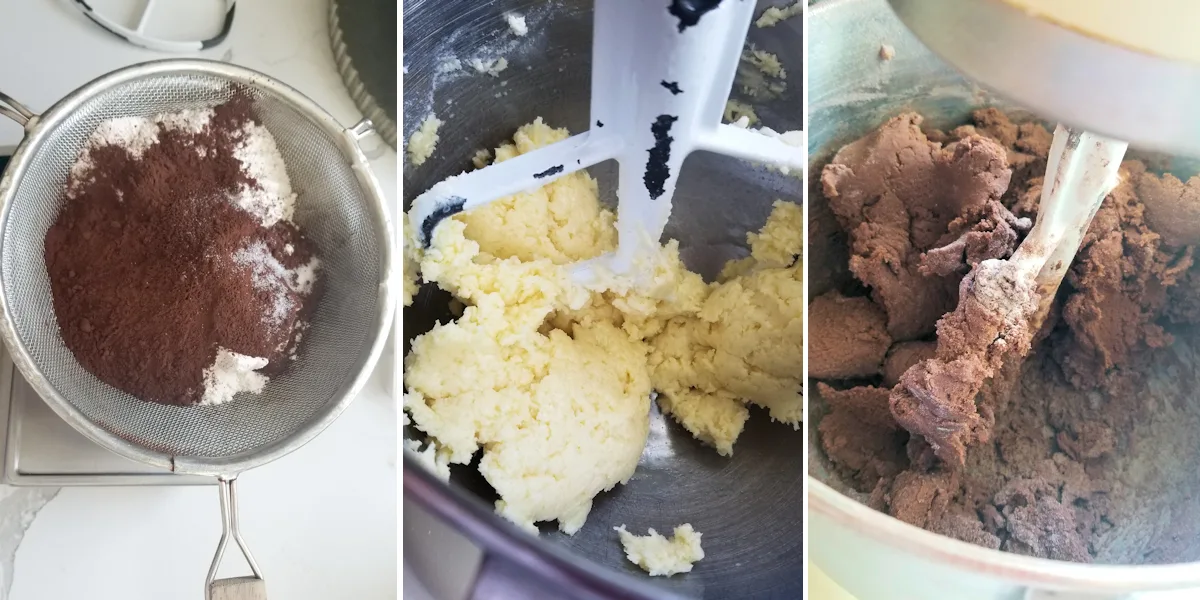 1. a sifter filled with flour and cocoa. 2. a bowl of butter and sugar with the beater. 3. a bowl of chocolate dough.