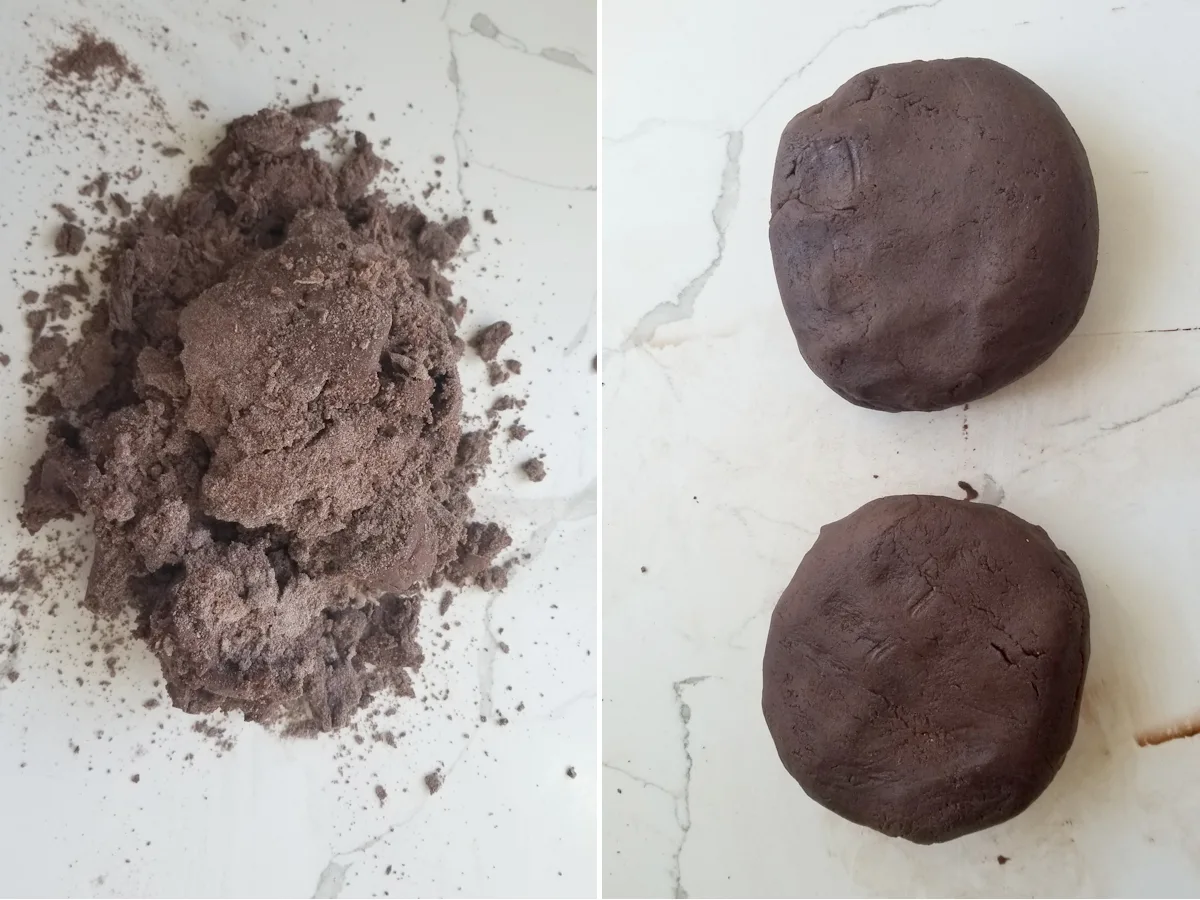 1. a pile of unkneaded chocolate dough. 2. Two pieces of chocolate dough.