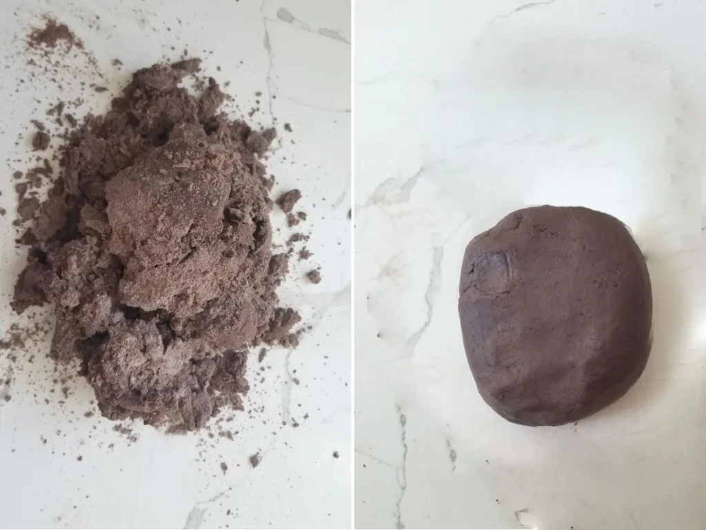 chocolate tart dough before and after kneading together.