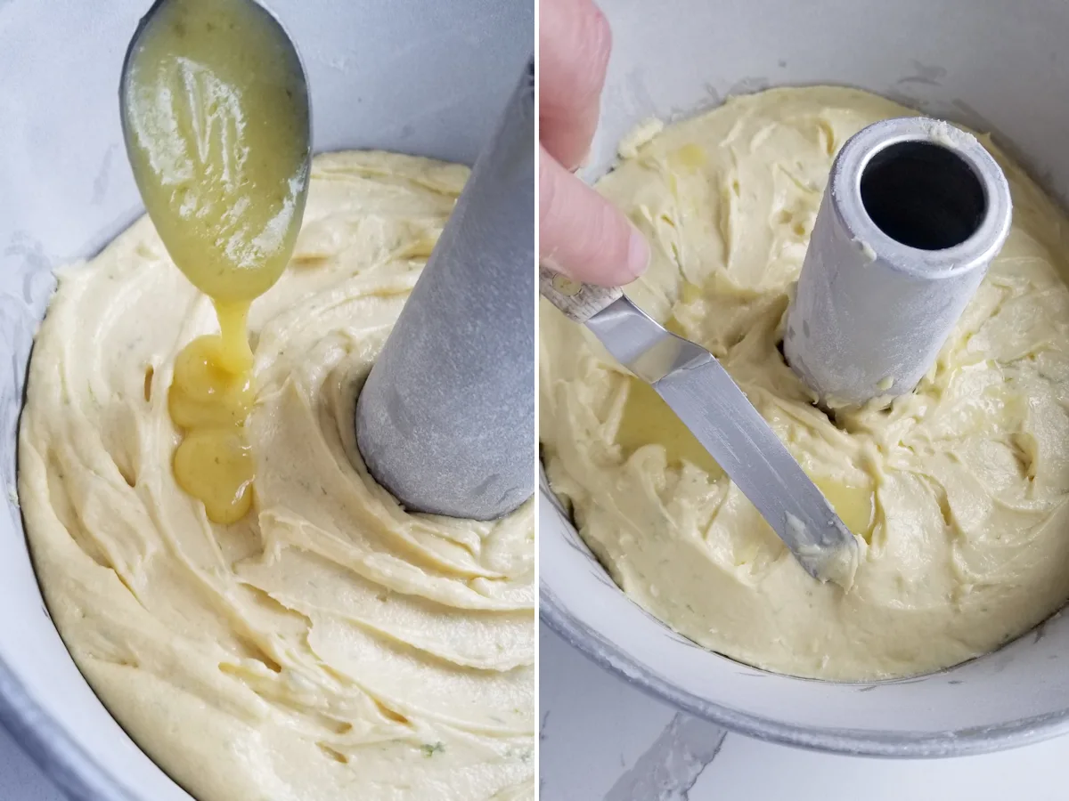 a cake pan filled with batter and lime curd.