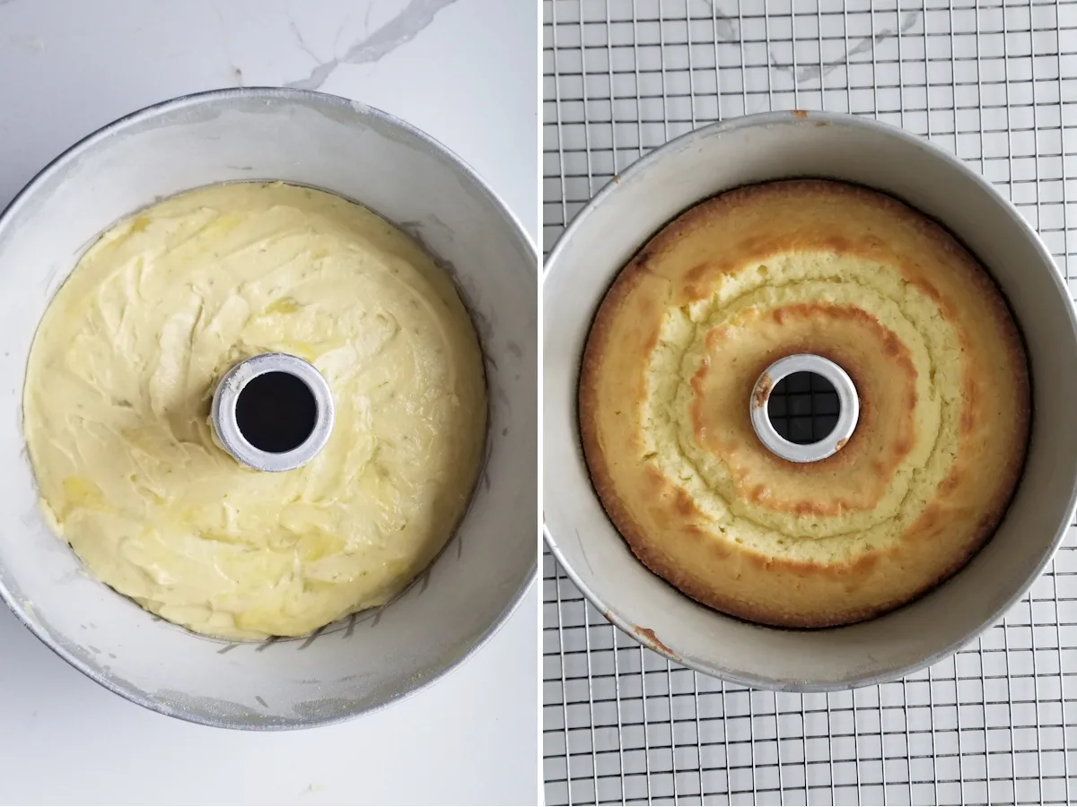 key lime pound cake before and after baking.