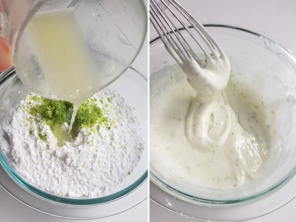 Photo 1 is a bowl of sugar and lime zest with lime juice added. Photo 2 is a bowl of glaze after mixing.