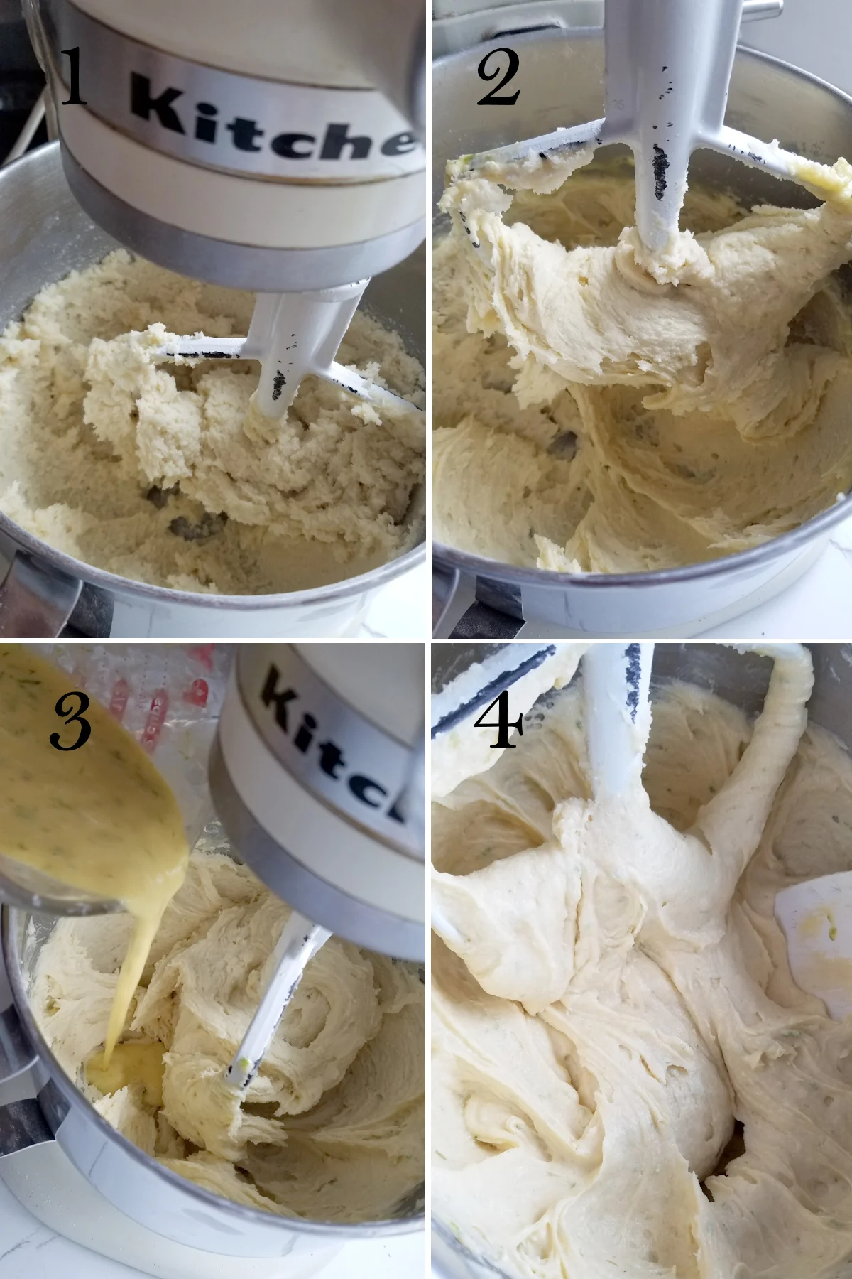 four photos of cake batter in a mixing bowl.