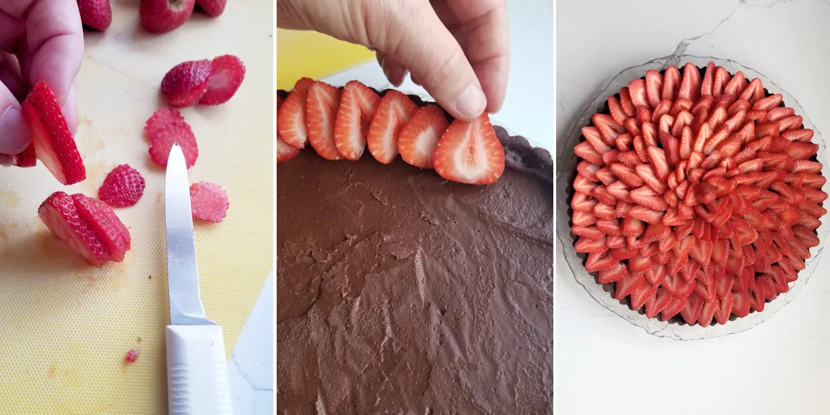 1. a sliced strawberry. 2. closeup of chocolate filling and hand placing strawberry slices. 3. A tart covered with strawberry slices.