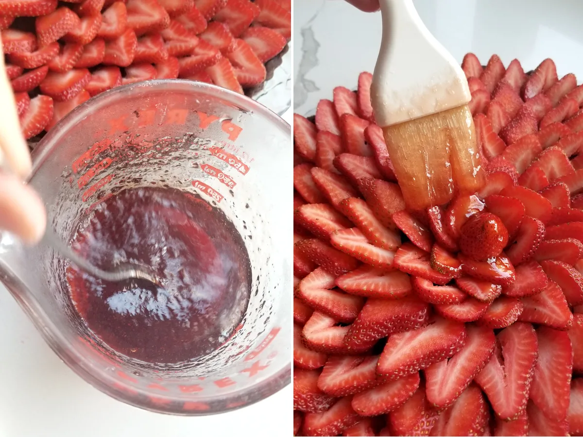 1. A glass measuring cup filled with warm strawberry preserves. 2. A brush applying jelly to sliced strawberries.