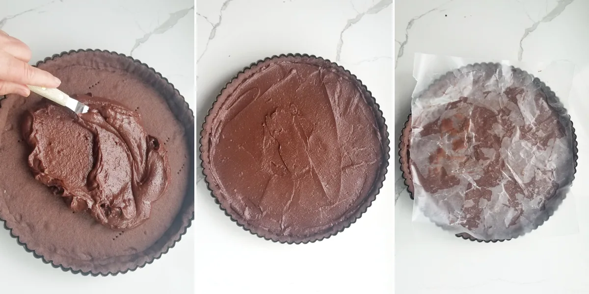 1. A chocolate crust with chocolate cream being spread. 2. A chocolate tart filled with chocolate pastry cream. 3. A chocolate tart covered with wax paper.