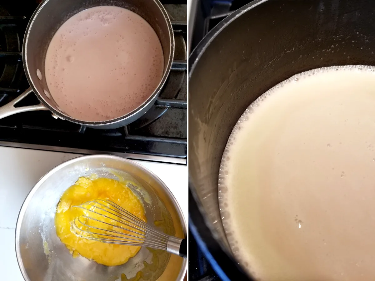 A pot of cream on the stove next to a bowl of egg yolks. 