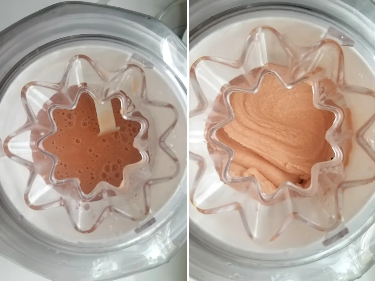 Rhubarb ice cream in an ice cream maker before and after churning.