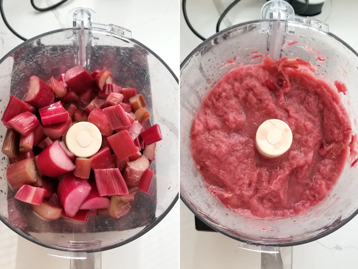 Defrosted rhubarb in a food processor before and after being pureed.