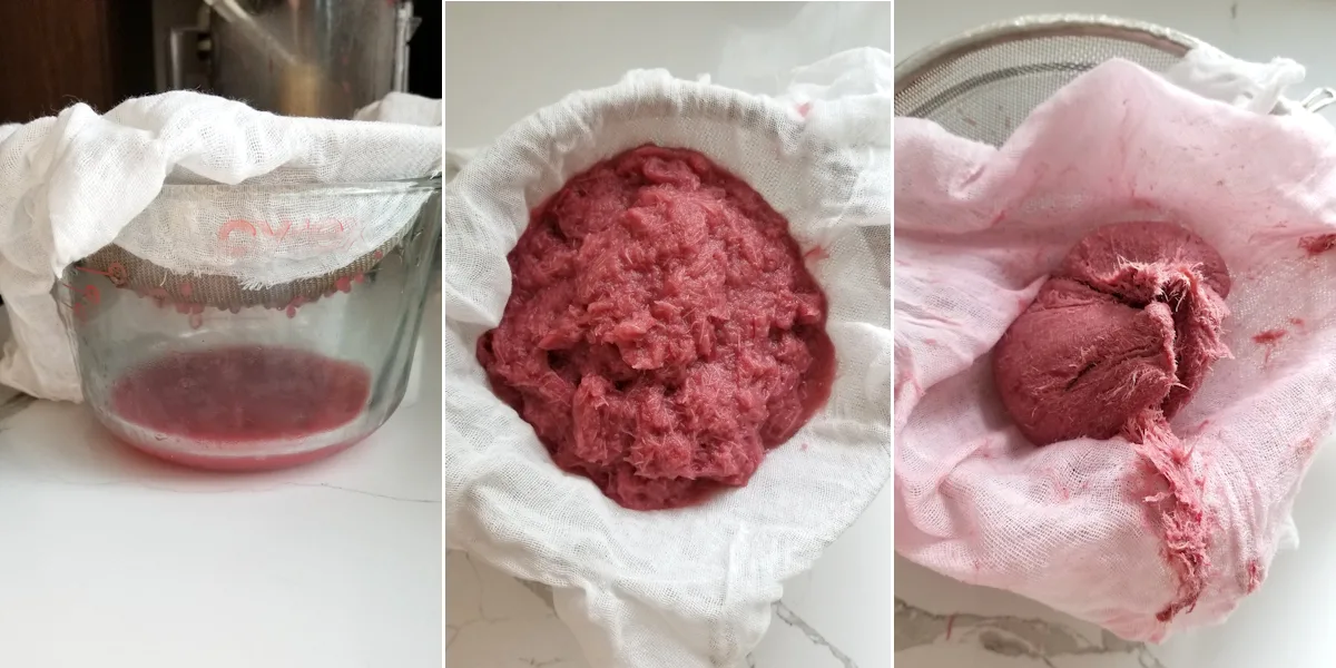 three photos showing pureed rhubard being strained through cheesecloth.